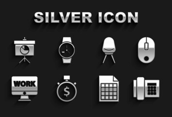 Set Time is money, Computer mouse, Telephone, File document, Monitor with text work, Office chair, Chalkboard diagram and Wrist watch icon. Vector