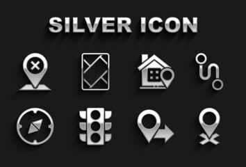 Set Traffic light, Route location, Location, Compass, with house, and Gps device map icon. Vector