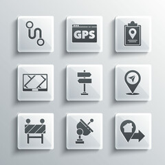 Set Radar, Location with house, Road traffic sign, barrier, Gps device map, Route location and Folded marker icon. Vector