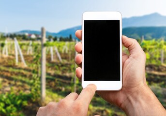The farmer holds a smartphone and touches the screen on landscape
