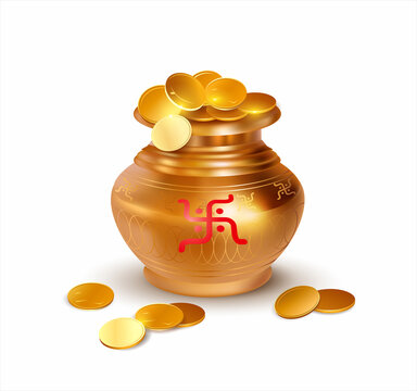 Traditional Indian pot (Kalash) with gold coins isolated on white. Symbol of Akshaya Tritiya and Dhanteras festival (Diwali season). Vector illustration.
