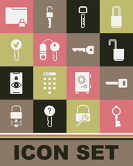 Set Old key, Key, Open padlock, House with, Folder and and icon. Vector