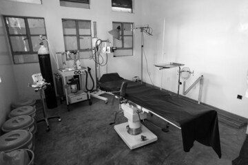 Grayscale photo of the operating theatre in a small hospital in Kenya near lake victoria