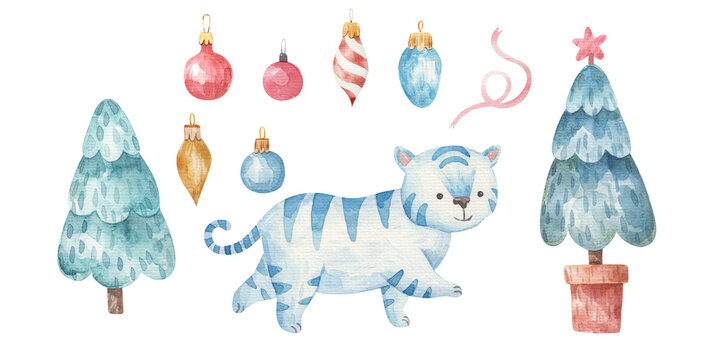 childrens illustration for new year and christmas with blue tiger and  tree, 2022,  watercolor, isolated on white background