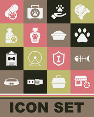 Set Veterinary hospital, Fish skeleton, Paw print, Hands with animals footprint, Pet shampoo, Dog pill and food bowl icon. Vector