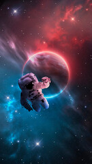 Sci-fi abstract background with flying astronaut. Abstract fantastic space of the Universe. Space background with nebula and stars. Elements of this image furnished by NASA. 3d illustration 