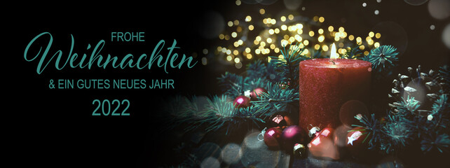 Weihnachtskarte 2022 - Rote Kerze mit Weihnachtskugeln - Frohe Weihnachten und ein gutes neues Jahr...