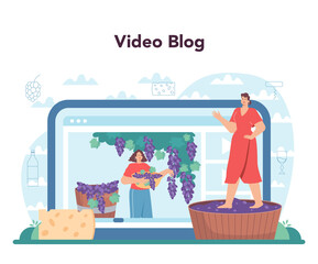 Wine maker online service or platform. Grape wine in a barrel