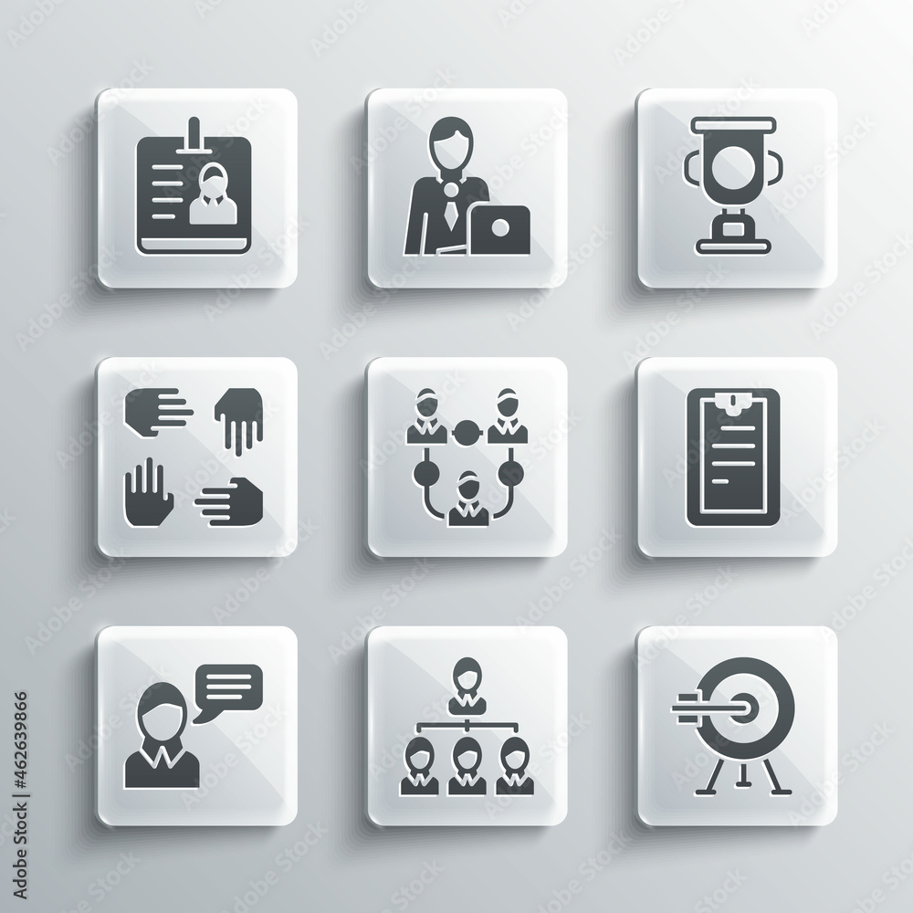 Poster set hierarchy organogram chart, target with arrow, clipboard checklist, project team base, speech bu