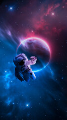 Obraz na płótnie Canvas Sci-fi abstract background with flying astronaut. Abstract fantastic space of the Universe. Space background with nebula and stars. Elements of this image furnished by NASA. 3d illustration 