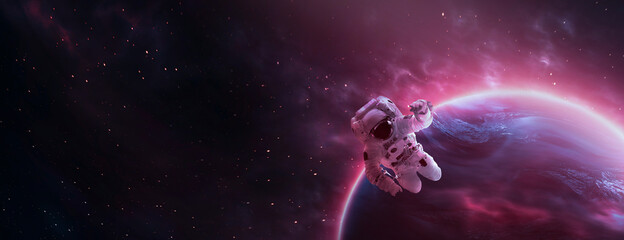 Obraz na płótnie Canvas Futuristic space sci-fi abstract background with flying astronaut. Neon abstract space background with nebula and stars. Elements of this image furnished by NASA. 3D illustration.