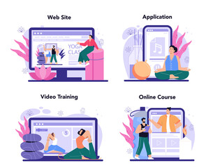 Yoga instructor online service or platform set. Asana or exercise for men