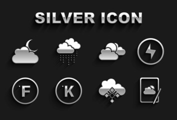 Obraz premium Set Kelvin, Lightning bolt, Weather forecast, Cloud with snow, Fahrenheit, Sun and cloud weather, moon and rain icon. Vector