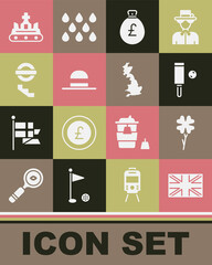 Set Flag of Great Britain, Four leaf clover, Wood cricket bat and ball, Money bag with pound, Elegant women hat, London underground, British crown and England map icon. Vector