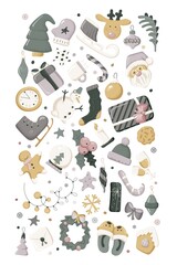 Set of christmas items. Happy new year. Vector illustration. Hand-Drawn. Flat design.