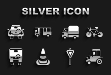 Set Traffic cone, Bicycle, Tractor, Road traffic signpost, Bus, Delivery cargo truck, Car and icon. Vector