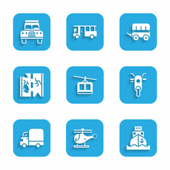 Set Cable car, Helicopter, Cargo ship, Scooter, Delivery cargo truck, Broken road, Wild west covered wagon and icon. Vector
