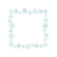 Square frame of blue snowflakes. Line art. Ice crystal winter symbol. Template for winter design. 