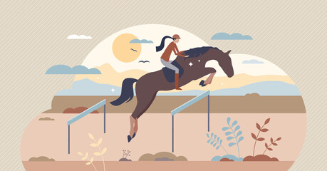 Equestrian horse back riding female, tiny person vector illustration. Competition sports championship. Active lifestyle scene with fit woman training for victory as success and freedom metaphor.