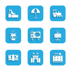 Set Amusement park billboard, Castle, Arcade game machine, Magic ball on table, Stacks paper money cash, Paper glass with water, Toy train and Water slide icon. Vector