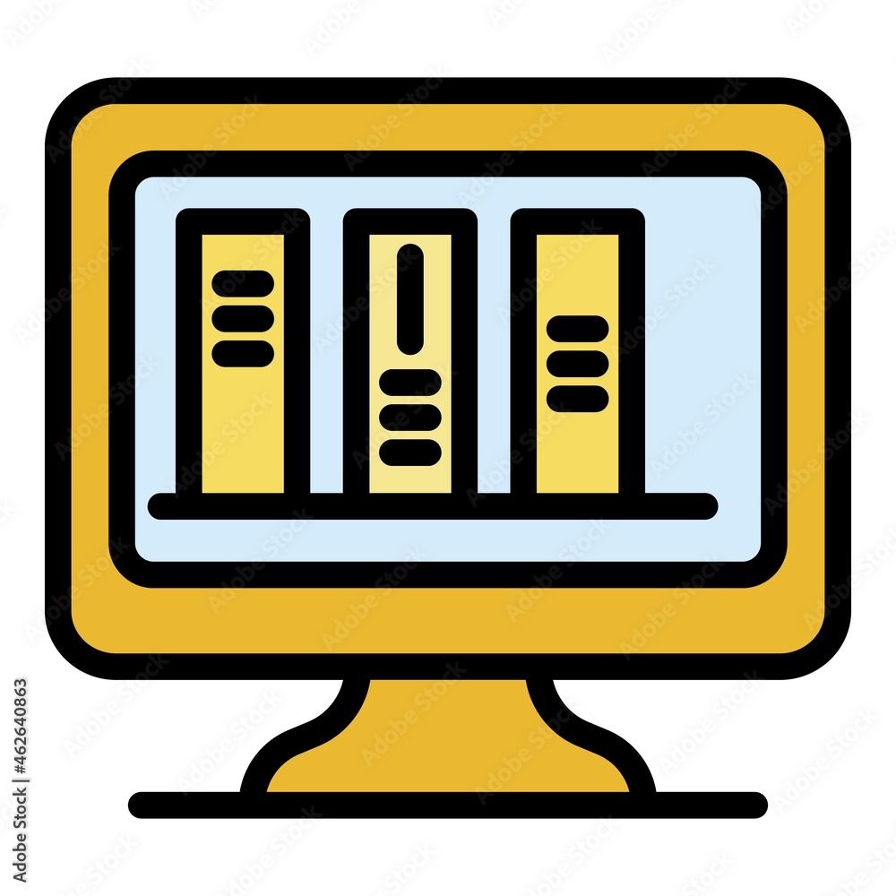 Poster books on a computer screen icon. outline books on a computer screen vector icon color flat isolated