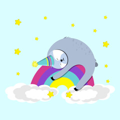 Cute sloth sleeping on rainbow. flat vector illustration.
