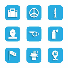 Set Whistle, Hand grenade, Protest, Pepper spray, Location marker, Vandal, Military knife and Police assault shield icon. Vector