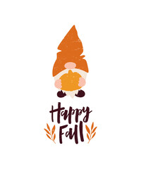 Vector autumn illustration with lettering quote Happy Fall and cute gnome, pumpkin on white background. Harvest season decoration. Template for poster, card, festival banner.