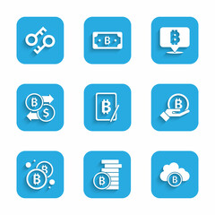 Set Mining bitcoin from tablet, Bitcoin, Cryptocurrency cloud mining, Hand holding, exchange, and key icon. Vector