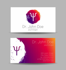 Psychology Vector Business Visit Card with Letter Psi Psy in Violet Bright Color. Modern logo Creative style. Human Head Profile Silhouette Design concept. Branding company