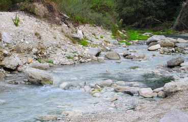 acqua di sorgente che scorre sulle pietre nella riserva naturale chiamata lavino