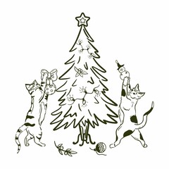 Vector Christmas illustration in toile style. Cats decorate the Christmas tree. Christmas spirit, festive atmosphere line art. Contour drawing isolated on white background. 
