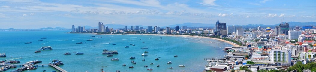 Panoramic view of the building cityscape, seascape and skyscrape in daytime in Pattaya, Thailand.