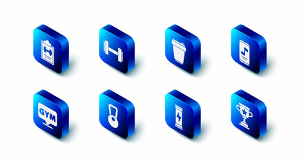Set Dumbbell, Fitness shaker, Music player, Award cup, Sports nutrition, Kettlebell, Location gym and training program icon. Vector