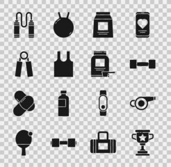 Set Award cup, Whistle, Dumbbell, Sports nutrition, Sleeveless T-shirt, expander, Jump rope and icon. Vector