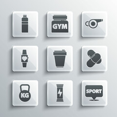 Set Sports nutrition, Location gym, Fitness shaker, Kettlebell, Smartwatch, and Whistle icon. Vector