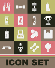 Set Racket and ball, Bathroom scales, Award cup, Dumbbell, Music player, Sports nutrition, Jump rope and Smartwatch icon. Vector