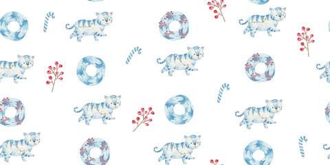 seamless new year and christmas pattern with blue tigers and red berries, blue wreaths, cute watercolor childrens illustration