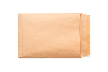 Opened brown paper envelope, A4 envelope isolated on white, top view