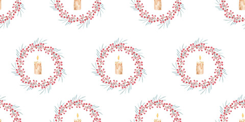 seamless pattern for new year and christmas, christmas wreath with candle, childrens watercolor illustration