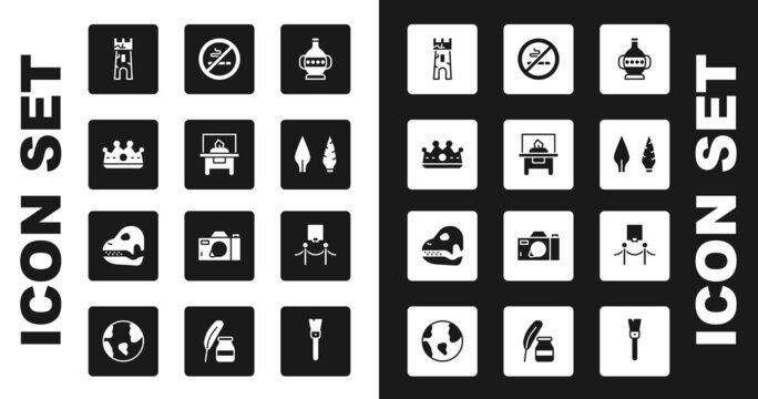 Set Ancient amphorae, Glass showcase for exhibit, King crown, Castle tower, Stone age arrow head, No Smoking, Picture and rope barrier and Dinosaur skull icon. Vector