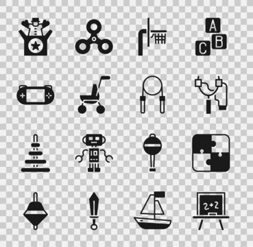 Set Chalkboard, Puzzle pieces toy, Slingshot, Basketball backboard, Baby stroller, Portable video game console, Jack the box and Jump rope icon. Vector