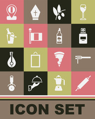 Set Rolling pin, Pasta spaghetti, Perfume, Olives branch, Flag Italy, Bottle of wine bucket, Location flag and olive oil icon. Vector