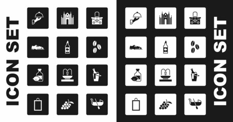 Set Handbag, Bottle of olive oil, Men shoes, Covered with tray food, Coffee beans, Milan Cathedral, wine in bucket and Limoncello bottle icon. Vector