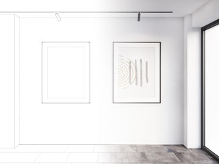 A sketch becomes a real bright empty modern room with two vertical posters on the white wall illuminated by ceiling spotlights, a large window, brownstone floor. Front view. 3d render