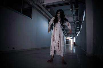 Portrait of asian woman make up ghost,Scary horror scene for background,Halloween festival...