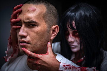 Portrait of asian woman make up ghost,Scary horror scene for background,Halloween festival concept,Ghost movies poster,The souls of the murderous lovers