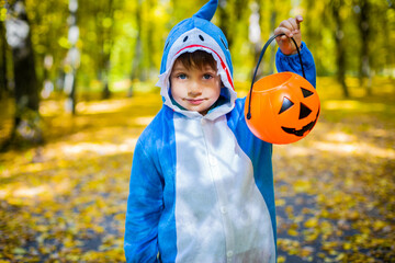 a boy in a shark costume for halloween, with a bucket for sweets in the form of a pumpkin