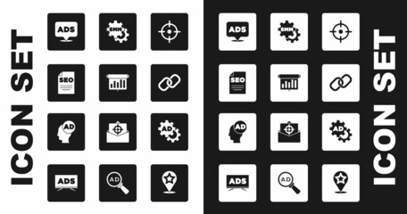 Set Target sport, Board with graph chart, SEO optimization, Advertising, Chain link, Social media marketing, and icon. Vector