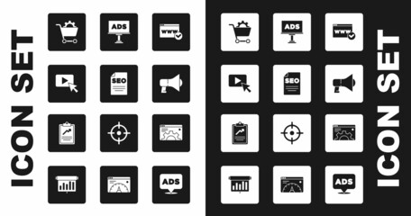 Set Website template, SEO optimization, Advertising, Shopping cart, Megaphone, Browser setting and Clipboard with graph chart icon. Vector